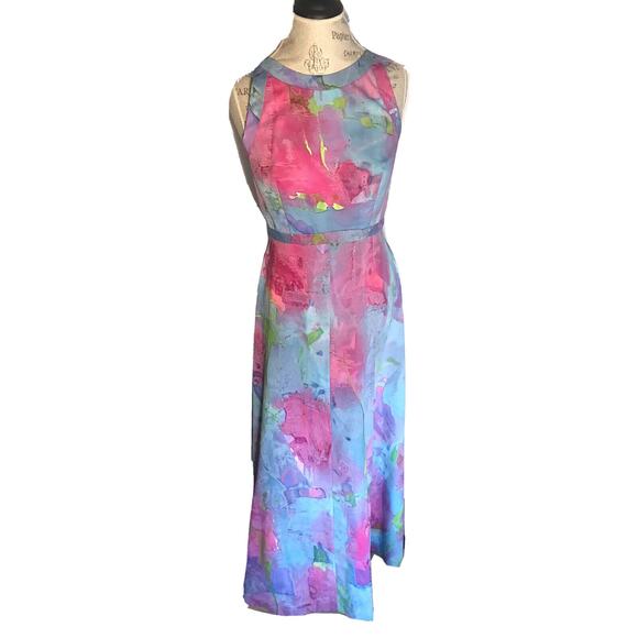 Hand painted Vtg 70s Tegaki pink abstract watercolor psychedelic maxi dress gown